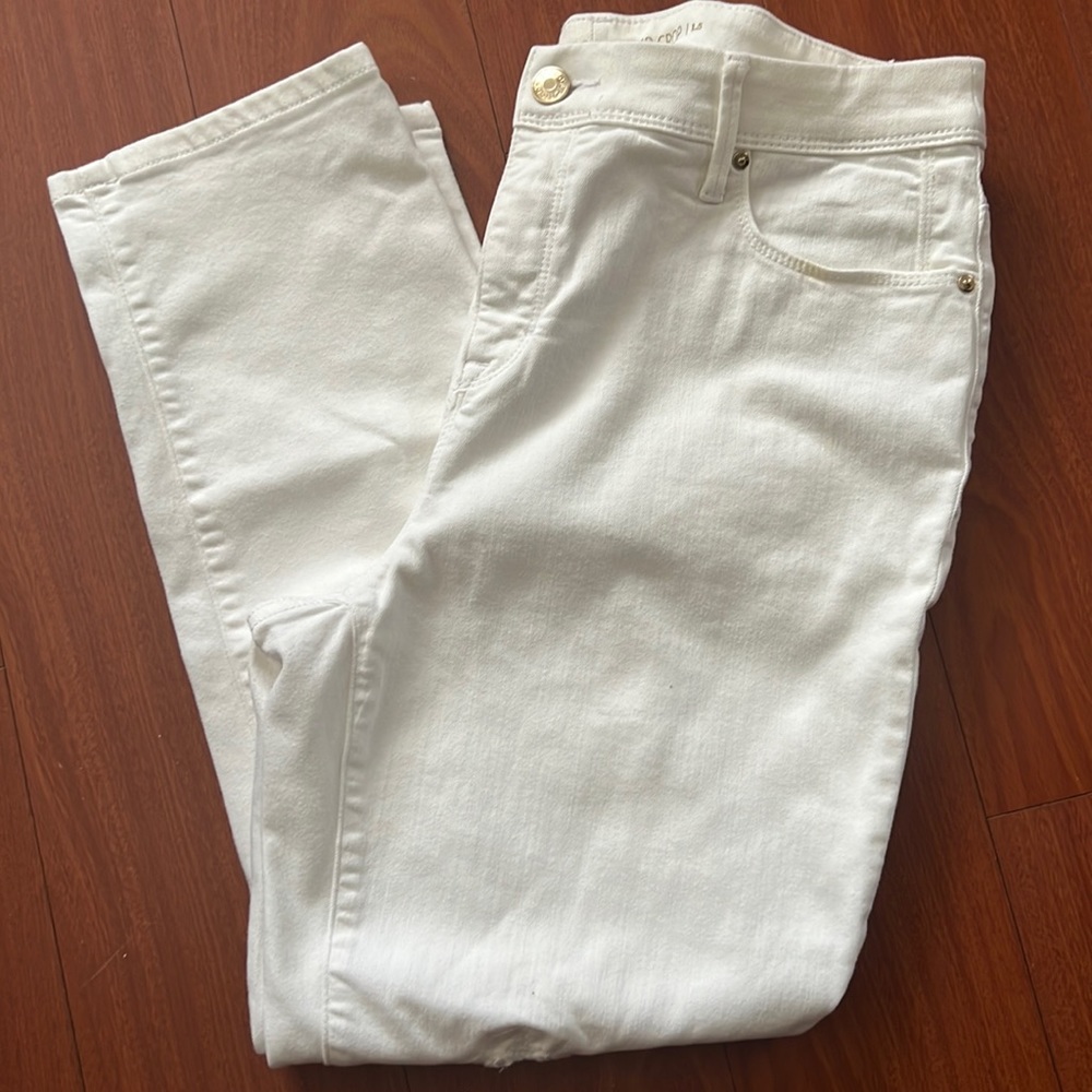 Chico’s So Slimming Girlfriend Crop patchwork white jeans‎ size 1.5/10